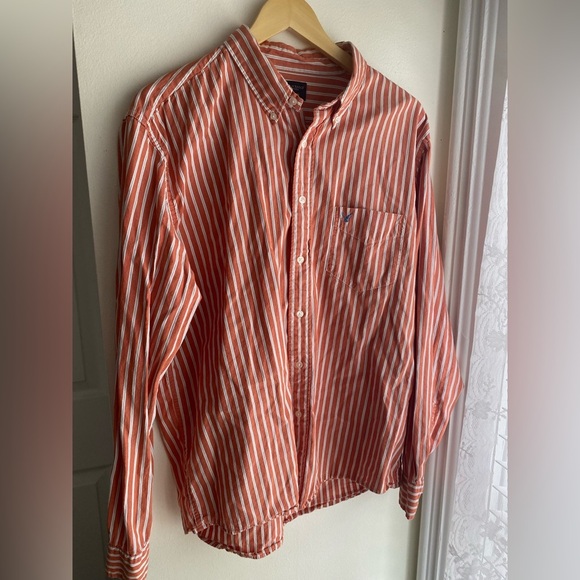 American Eagle Outfitters Orange & White Striped Casual Button Down Shirt Preppy - Picture 1 of 6
